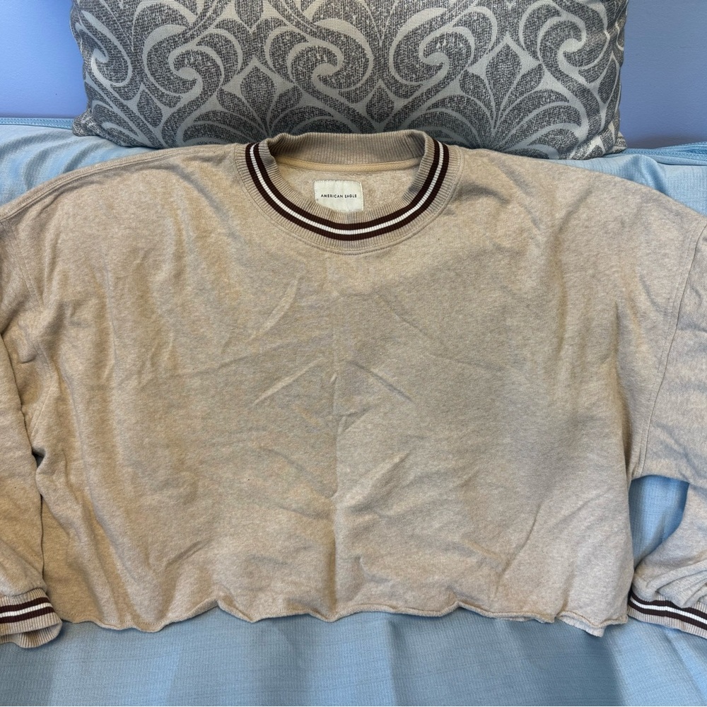 American Eagle Outfitters Tan Cropped Sweater with Striped Collar